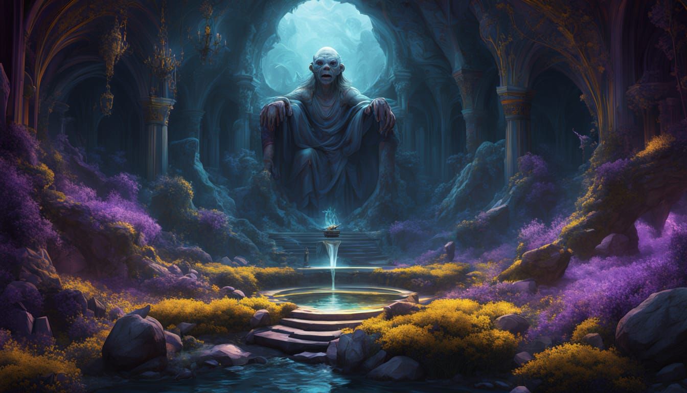 Dark Fantasy Hobbit Golum with Ring in Cave