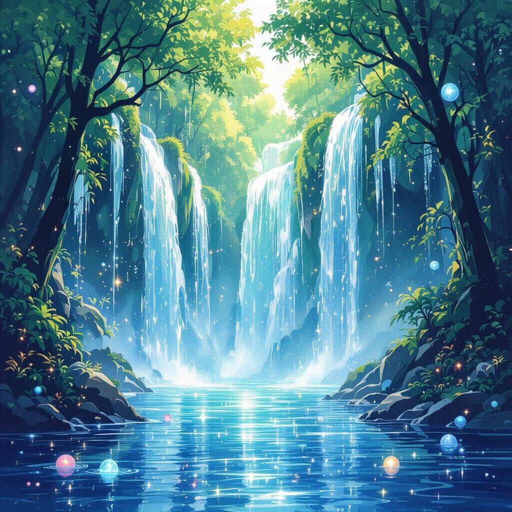 Glass Forest Waterfalls in Ethereal Watercolor Style