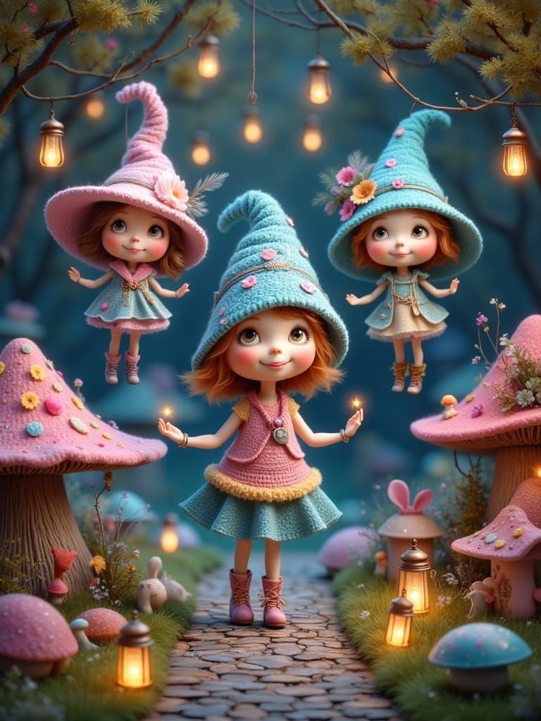 Plushies Above Glowing Mushroom Village with Tiny Lanterns