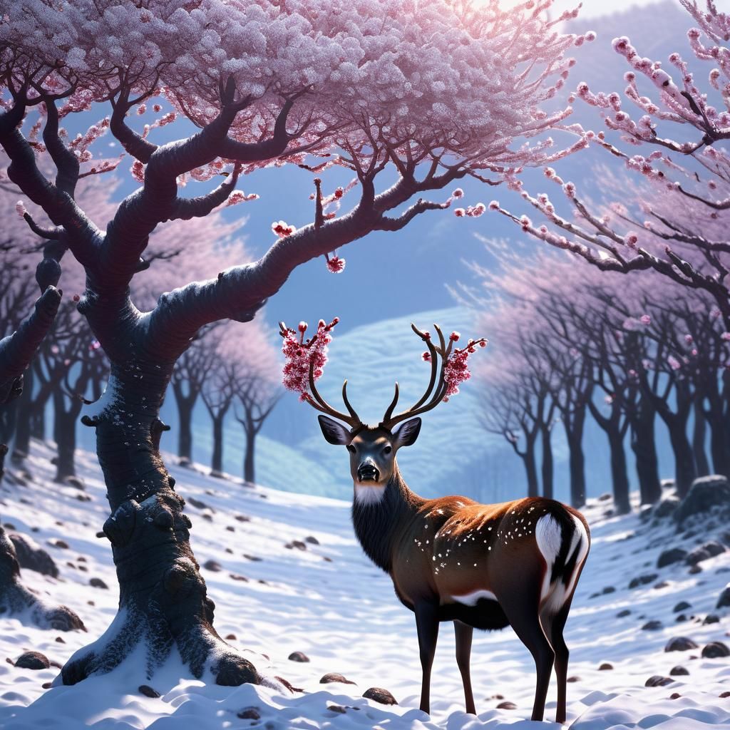 Plum Deer in Winter Landscape: Digital Painting