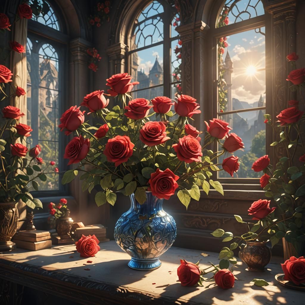 Vase of Roses in Sunlight: Fantasy Concept Art