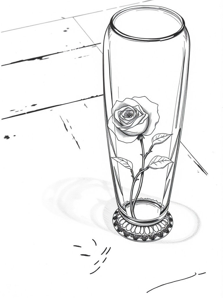 Rose in Vase: Vintage Line Art Illustration
