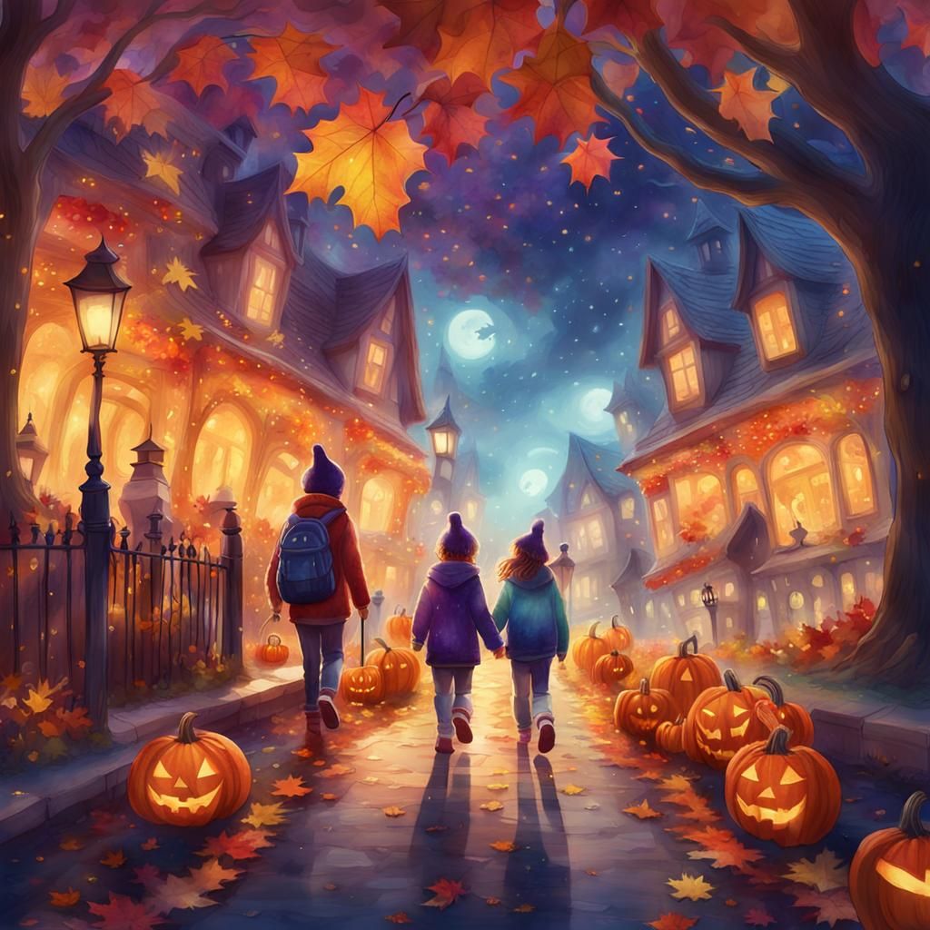 Enchanting Trick-or-Treaters in Whimsical Watercolor