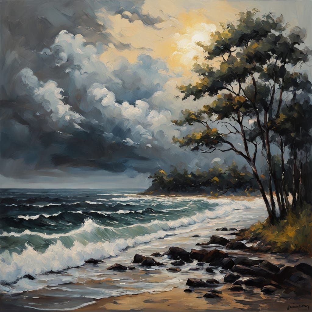 Dramatic Seascape with Trees in Oil Painting Style