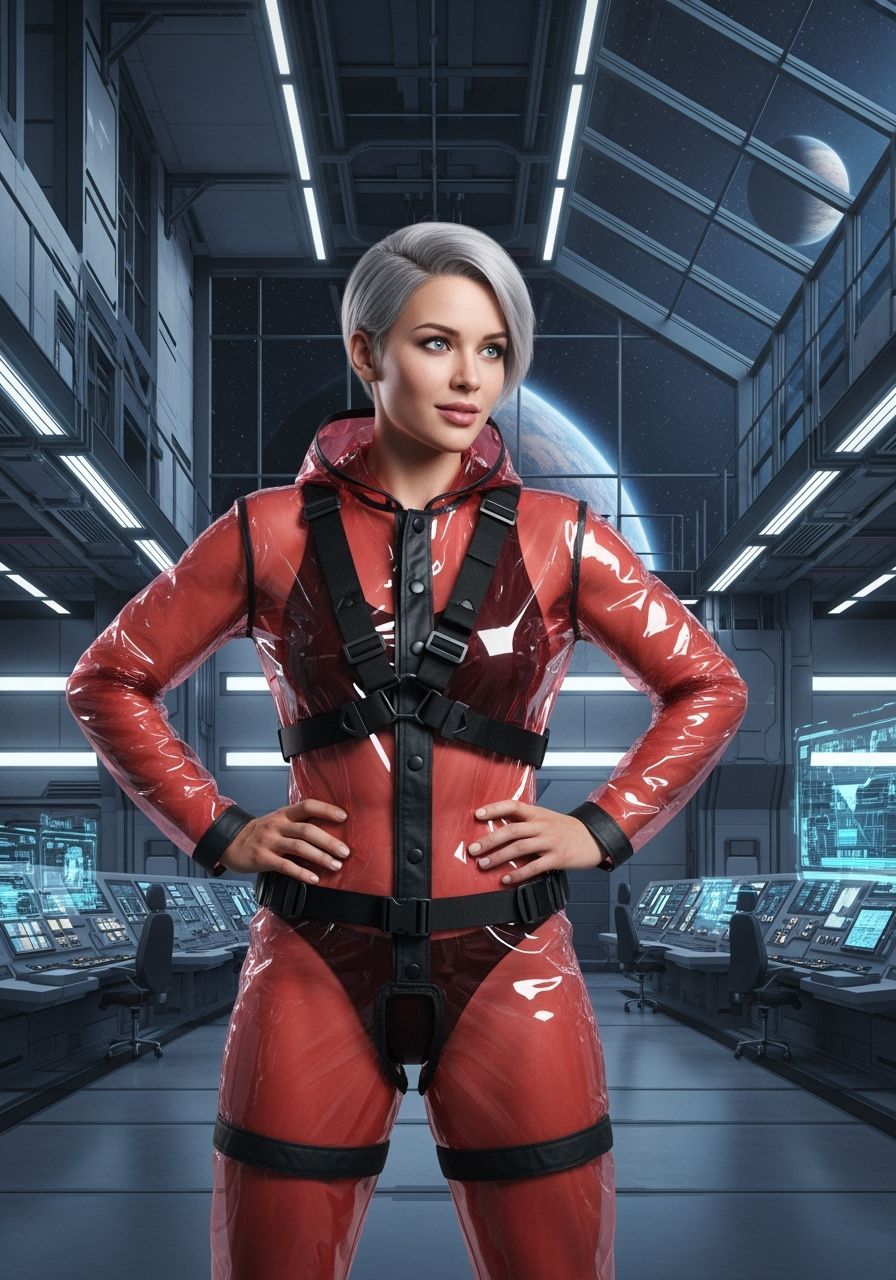 Woman in Futuristic Space Center in Red PVC Suit