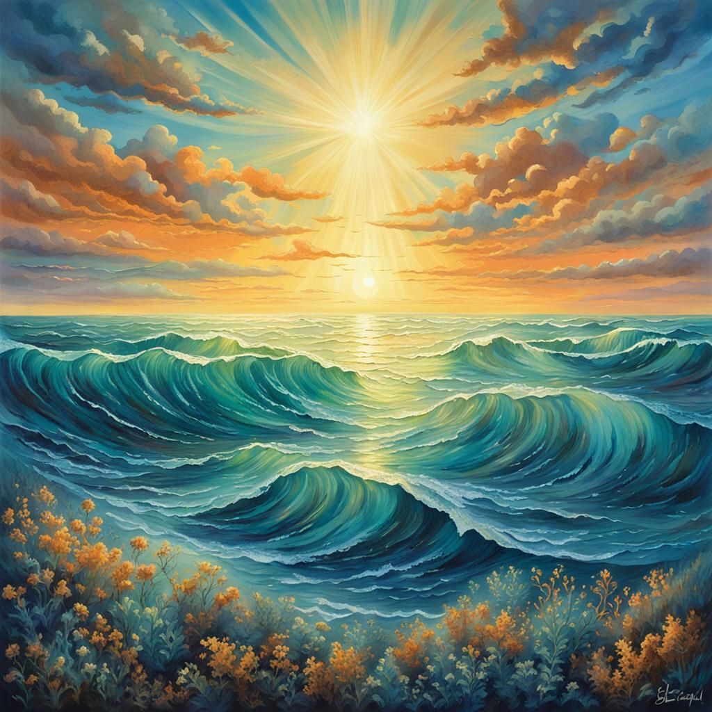 Glowing Ocean Under Morning Sky, Cinematic Film Still