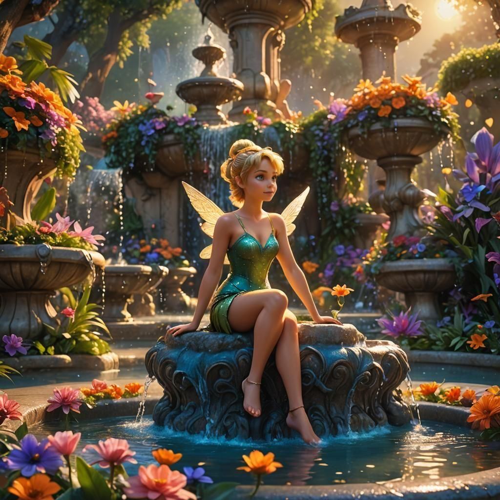 Tinker Bell Relaxing in a Fantastical Fountain