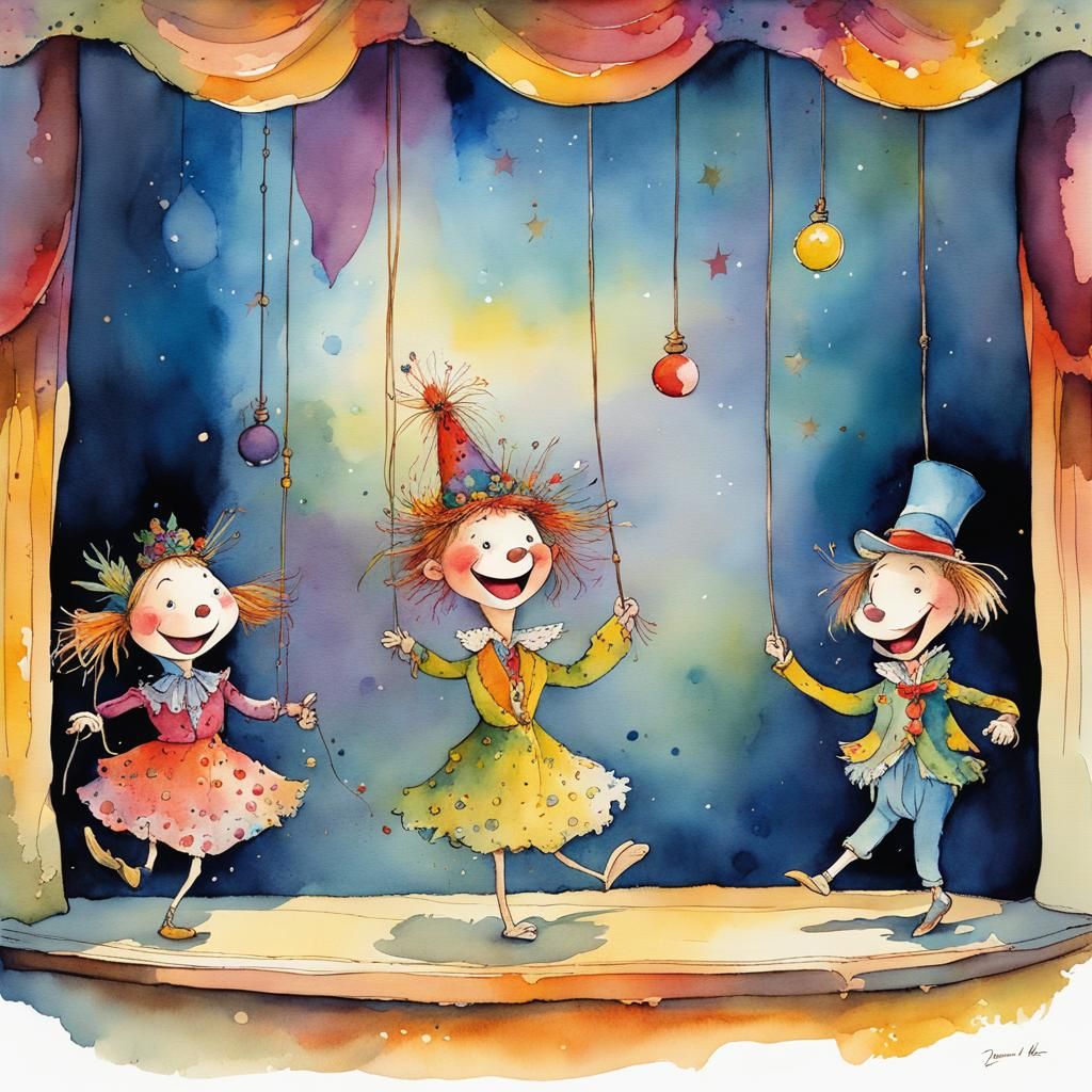 Joyful Puppet Show in Watercolor and Ink