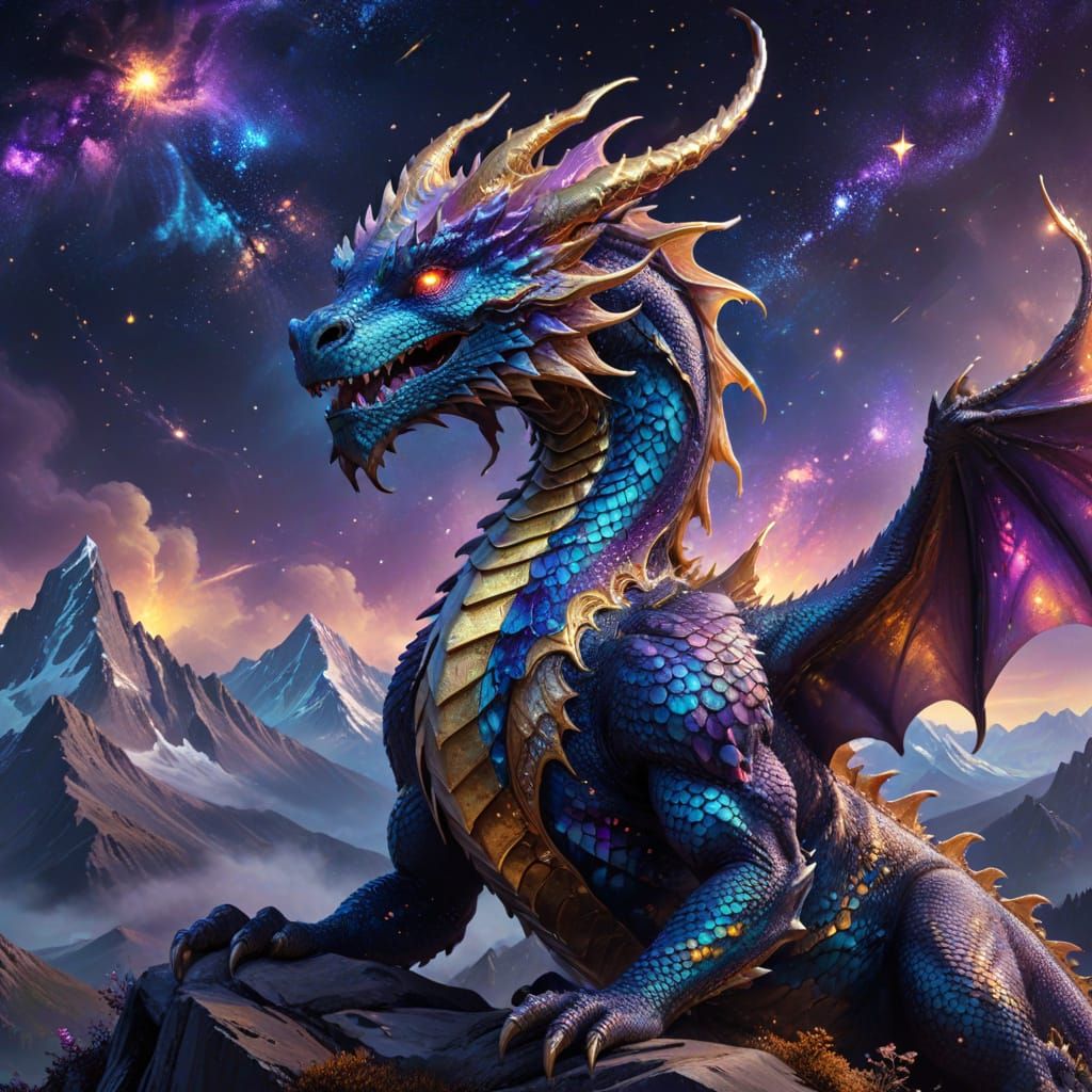 Cosmic Galaxy Dragon on Misty Mountain