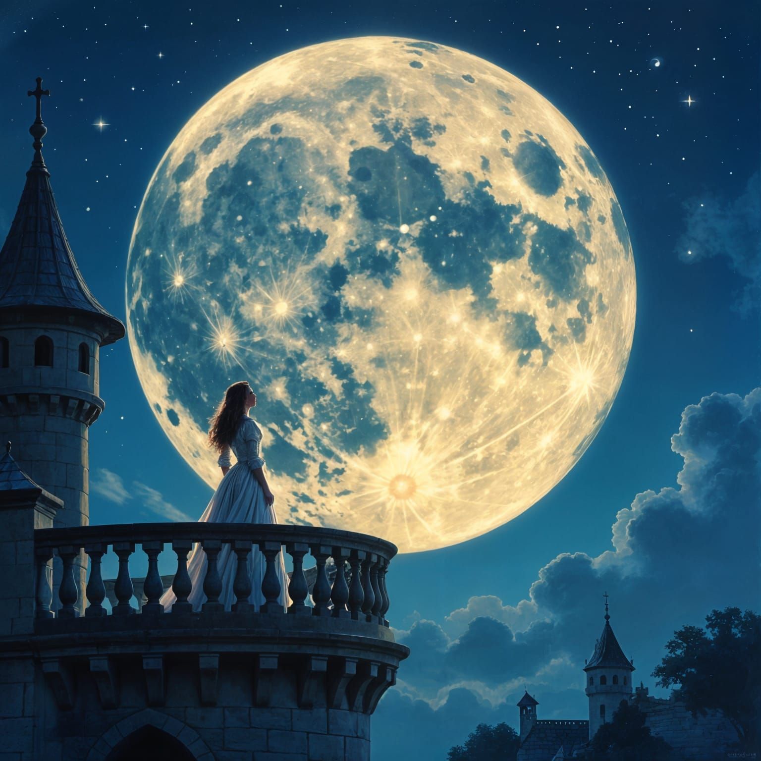Princess Gazes at Giant Moon on Castle Balcony