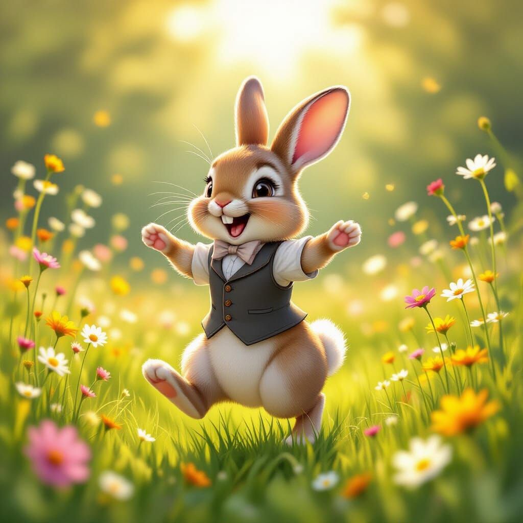Joyful Cartoon Bunny Dancing in Wildflower Meadow