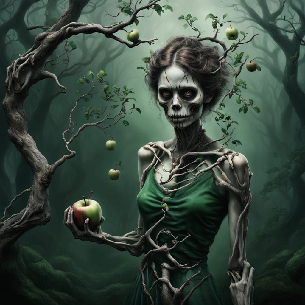 Creepy Woman With Skeletal Features Reaching for Apple
