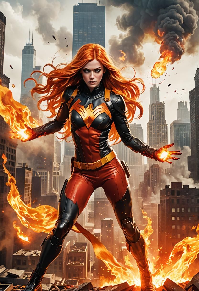 Fiery Superhero Vigilante in Ruined Chicago, Comic Book Styl...