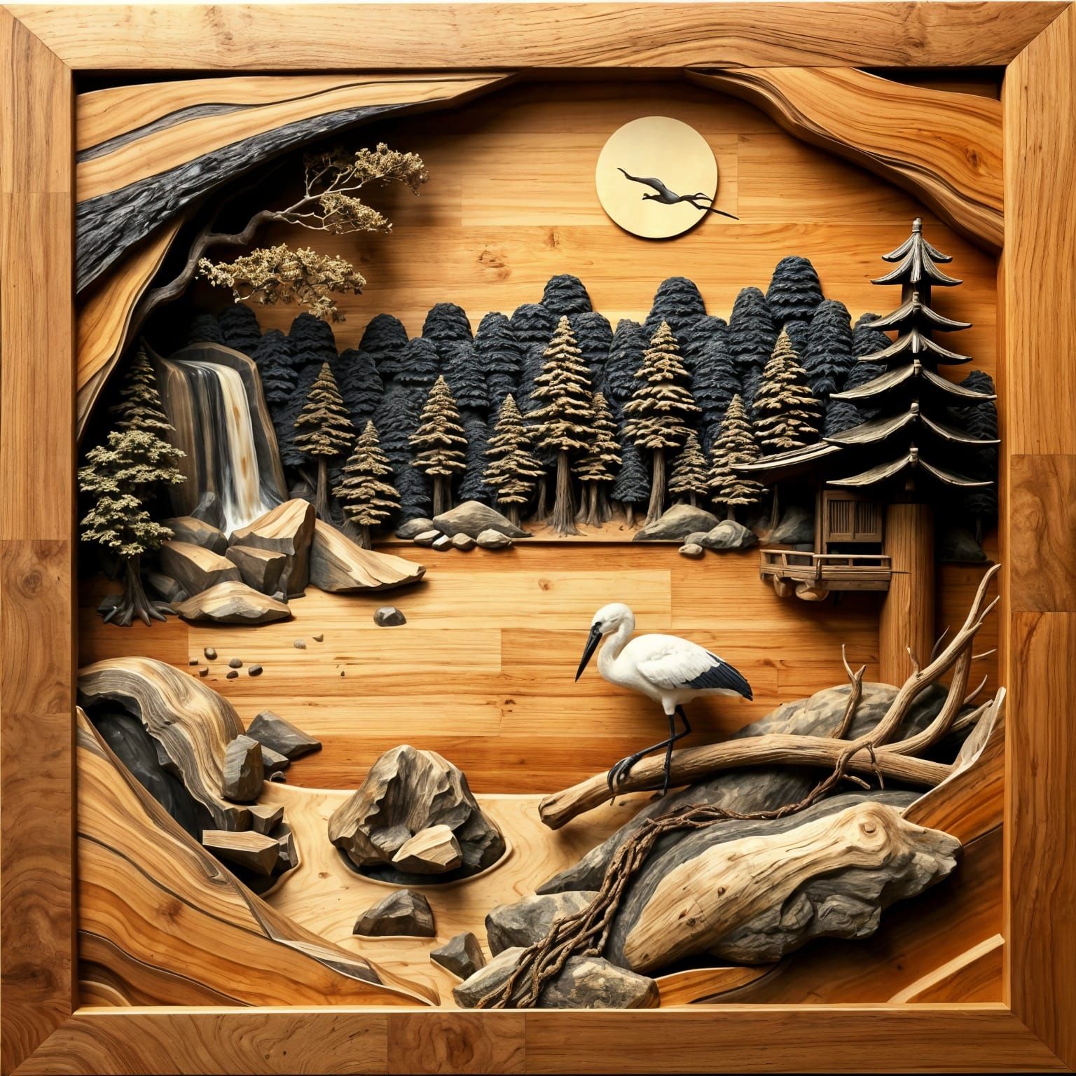 Japanese Landscape in Wooden Bas-Relief