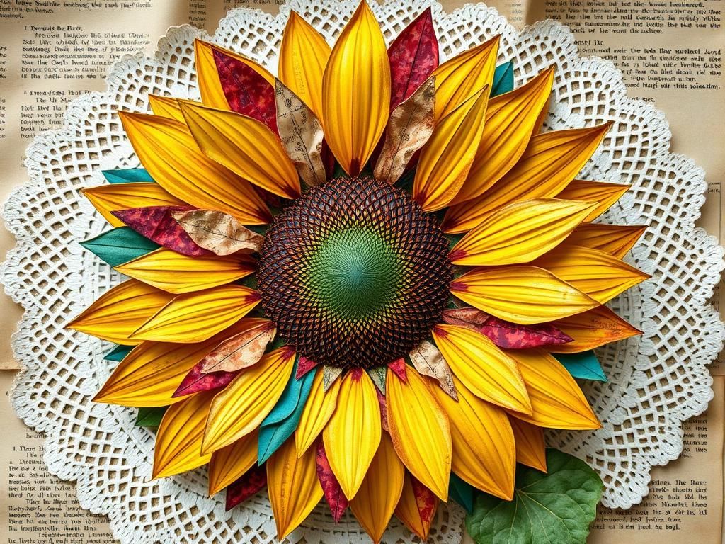 Sunflower Mixed Media Collage with Paper and Fabric