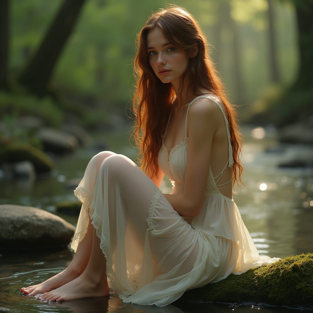 Ethereal Slavic Woman in Forest Stream at Dawn