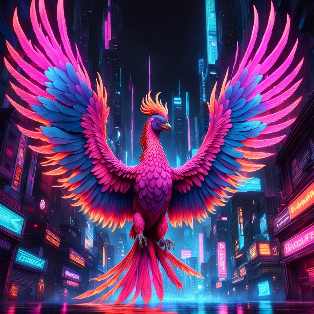 Neon Phoenix Ascending Over Cyberpunk City
