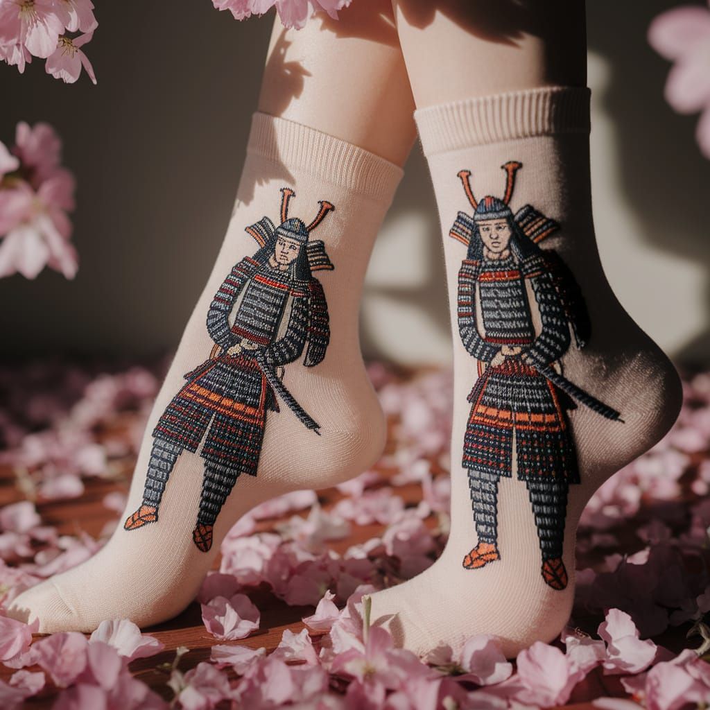 Samurai Embroidered Socks with Cherry Blossoms