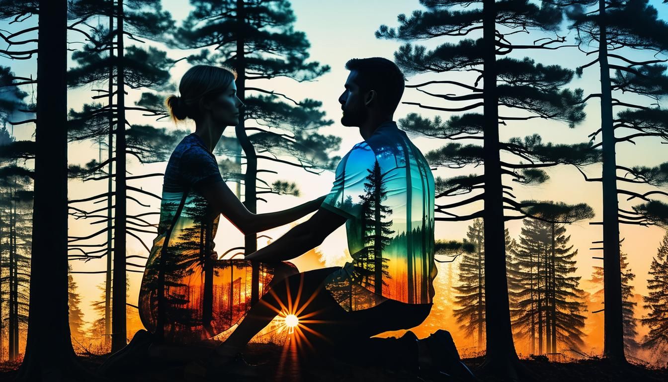 Silhouette Double Exposure with Forest Sunset