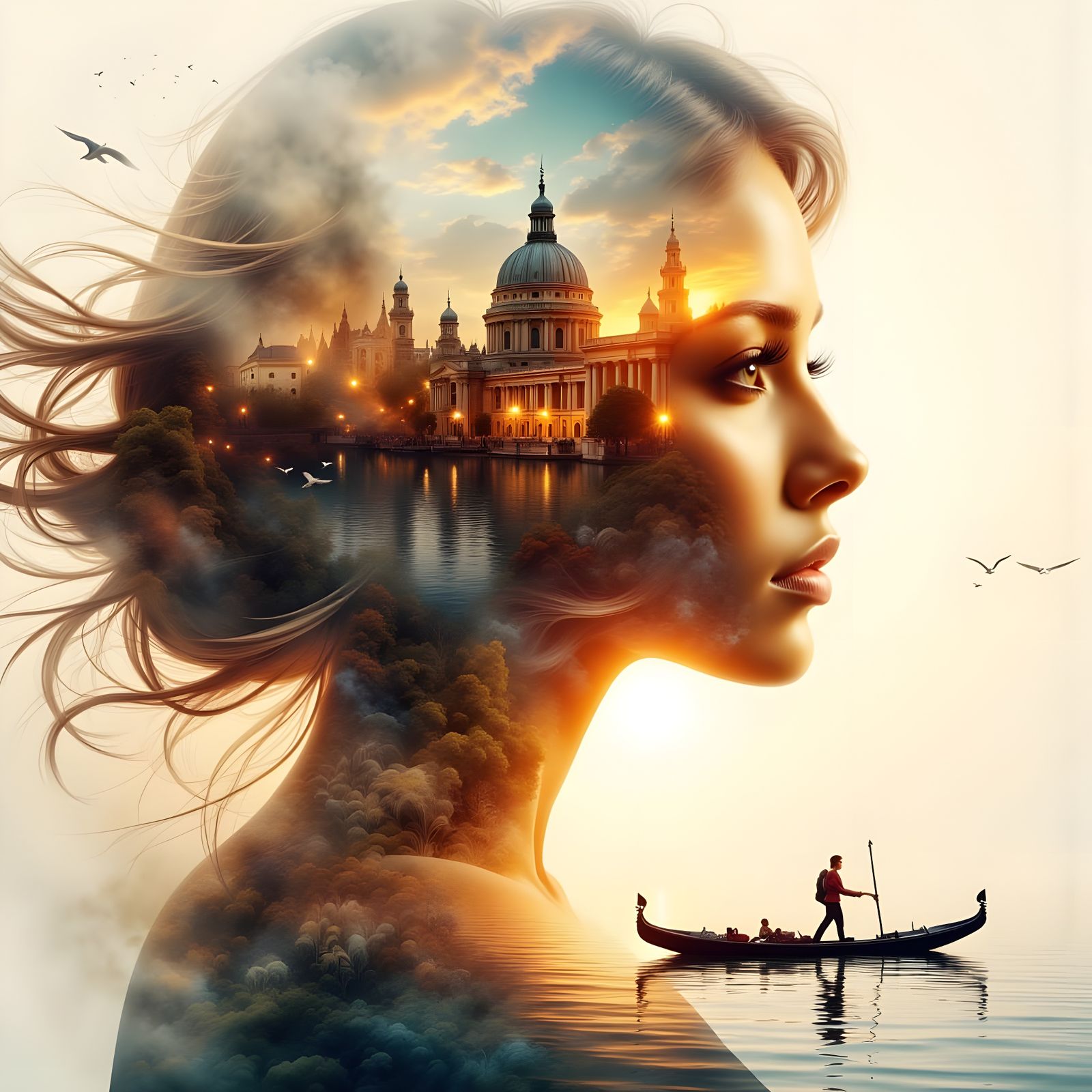 Woman's Dreamy Venetian Portrait with Cityscape