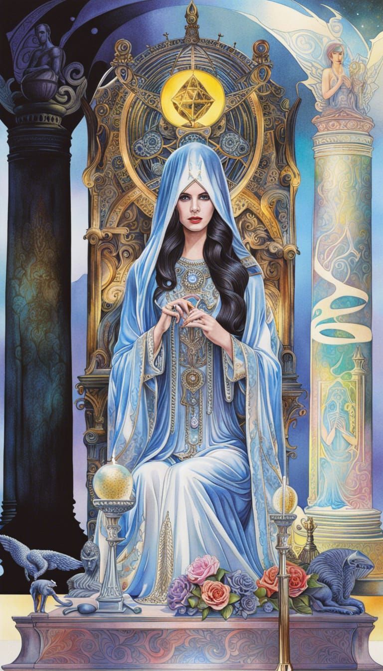 Watercolor Cyborg Priestess with Tarot Imagery