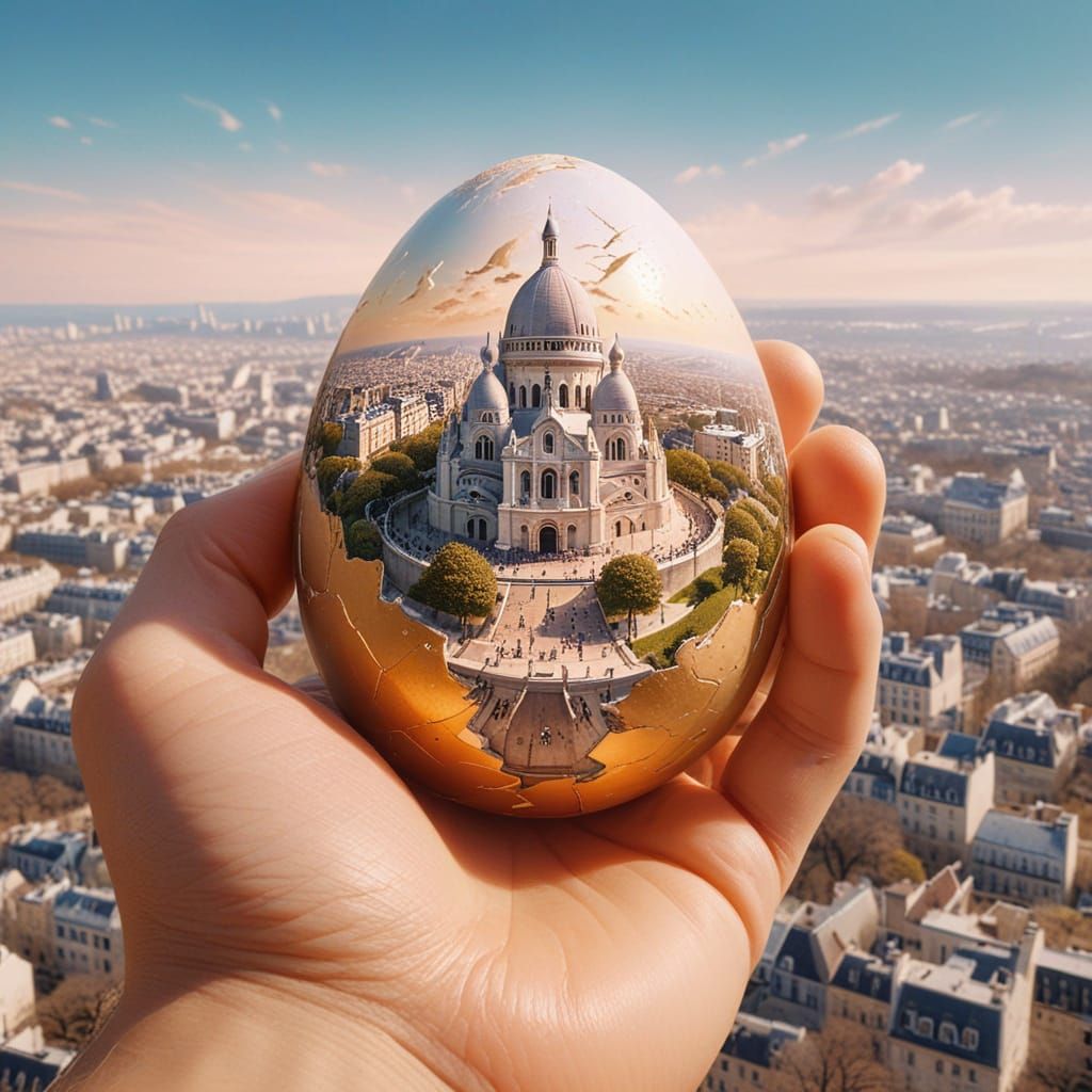 Surreal Sacré-Cœur in Egg, Dreamlike Digital Art