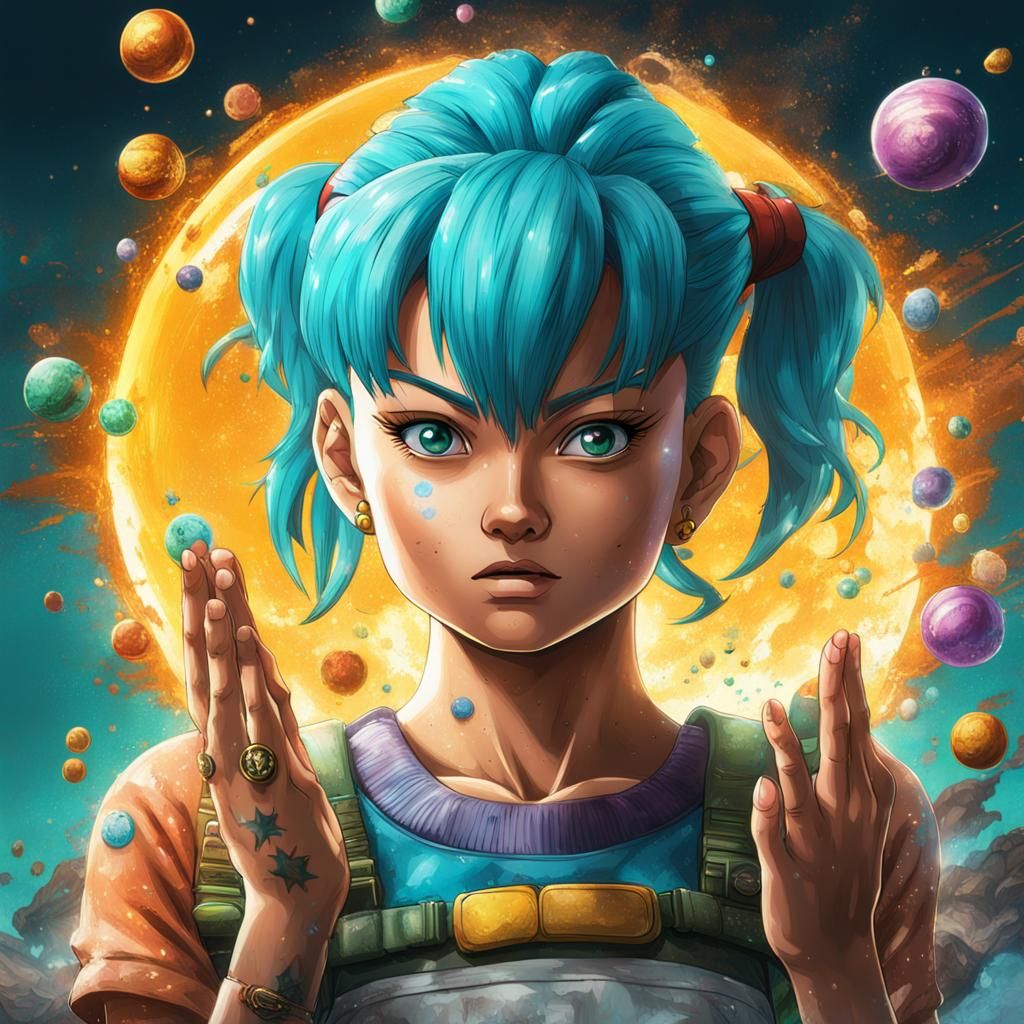Bulma Holding Dragonball in Hyperrealistic Style