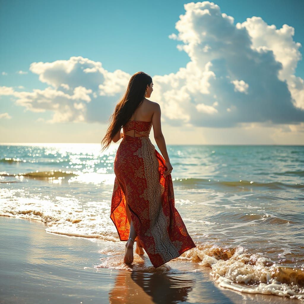Globally Inspired Couture Goddess Walks Sunlit Shoreline