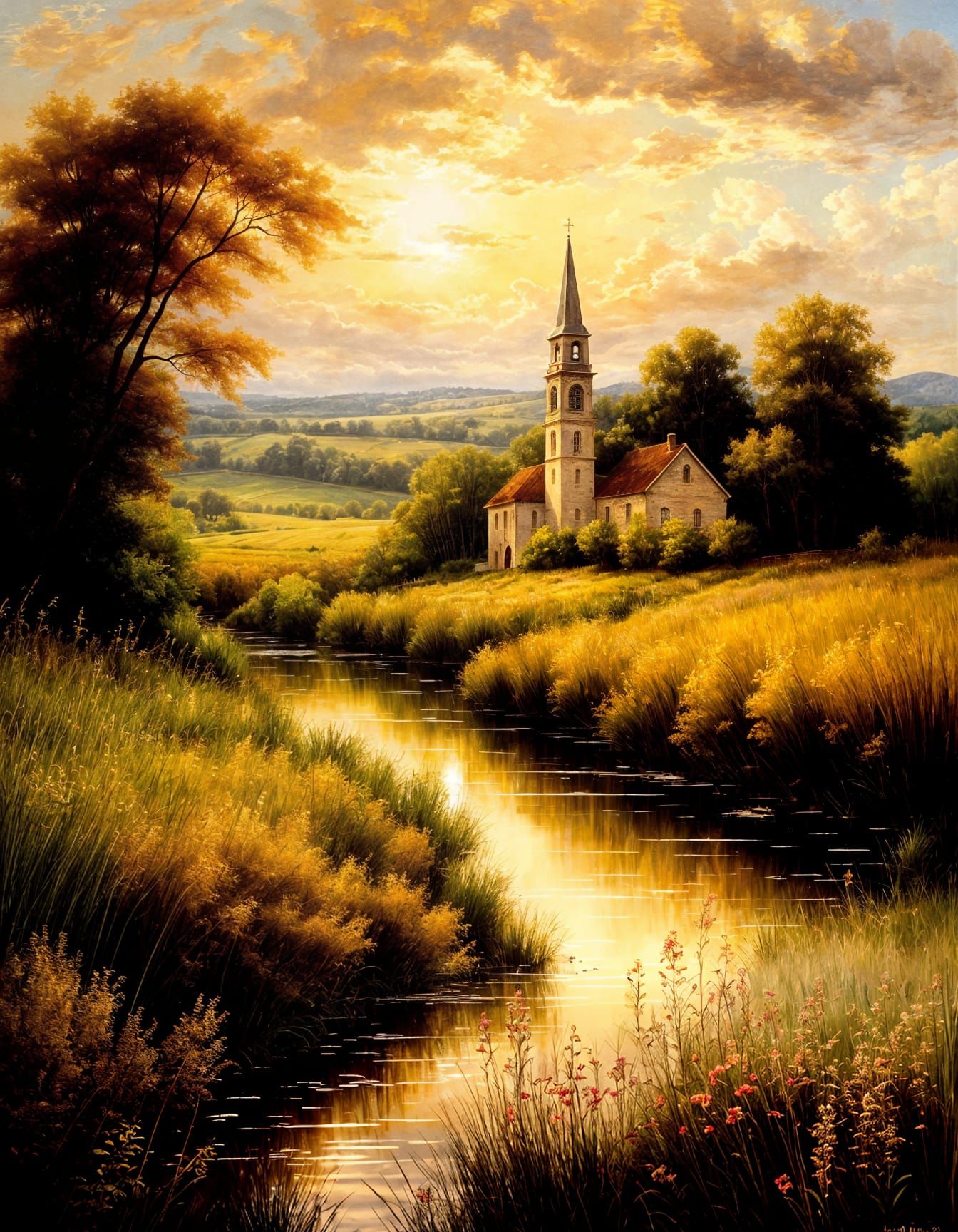 Romantic European Landscape Painting with Village