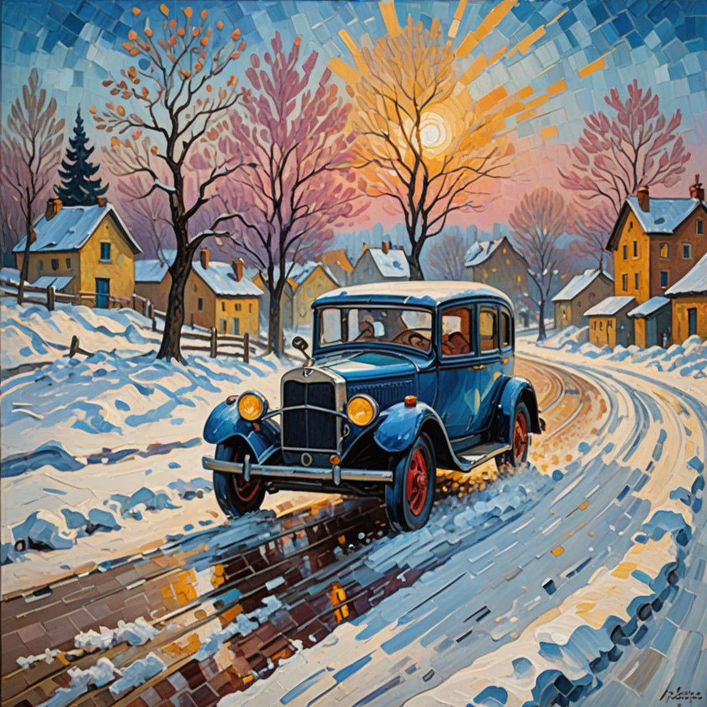 Expressionist Oil Painting of Speeding Car in Snowy Landscap...