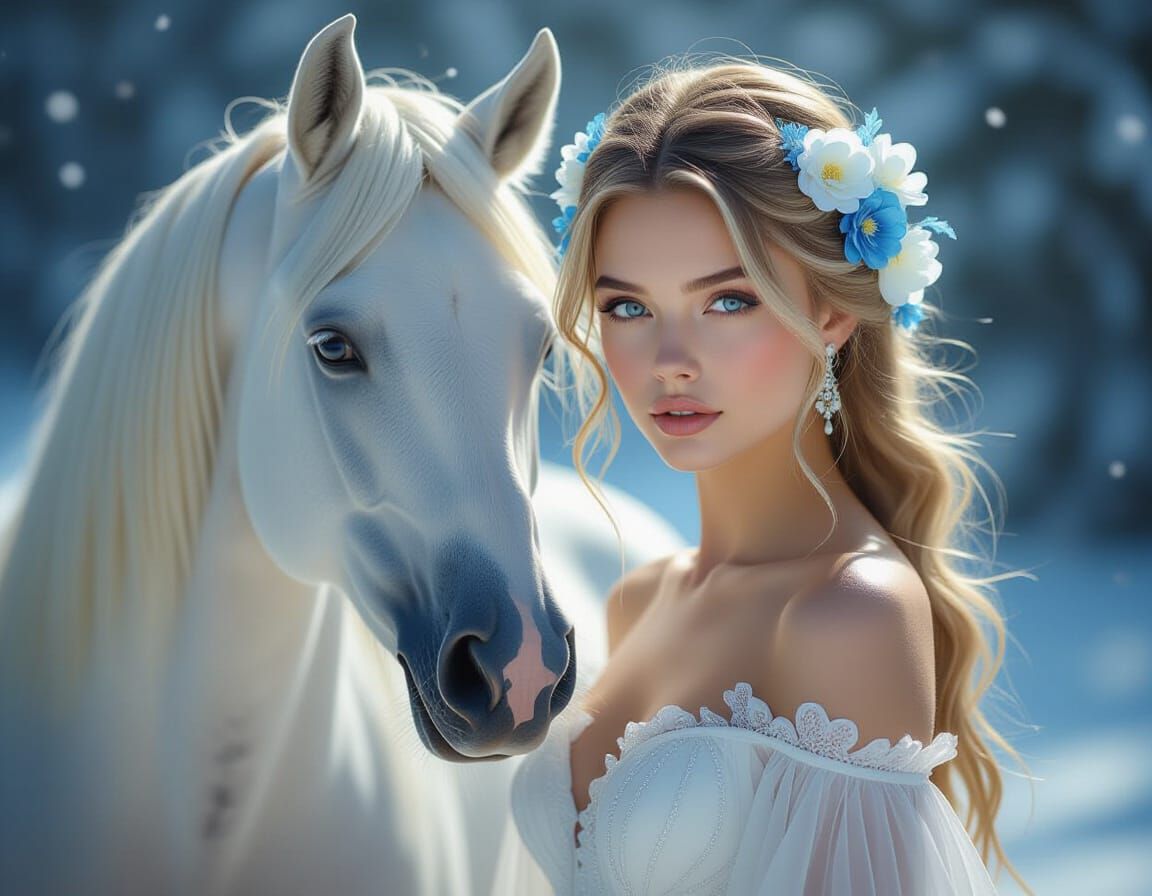 Ethereal Woman and Palomino Stallion in Hyperrealistic Style