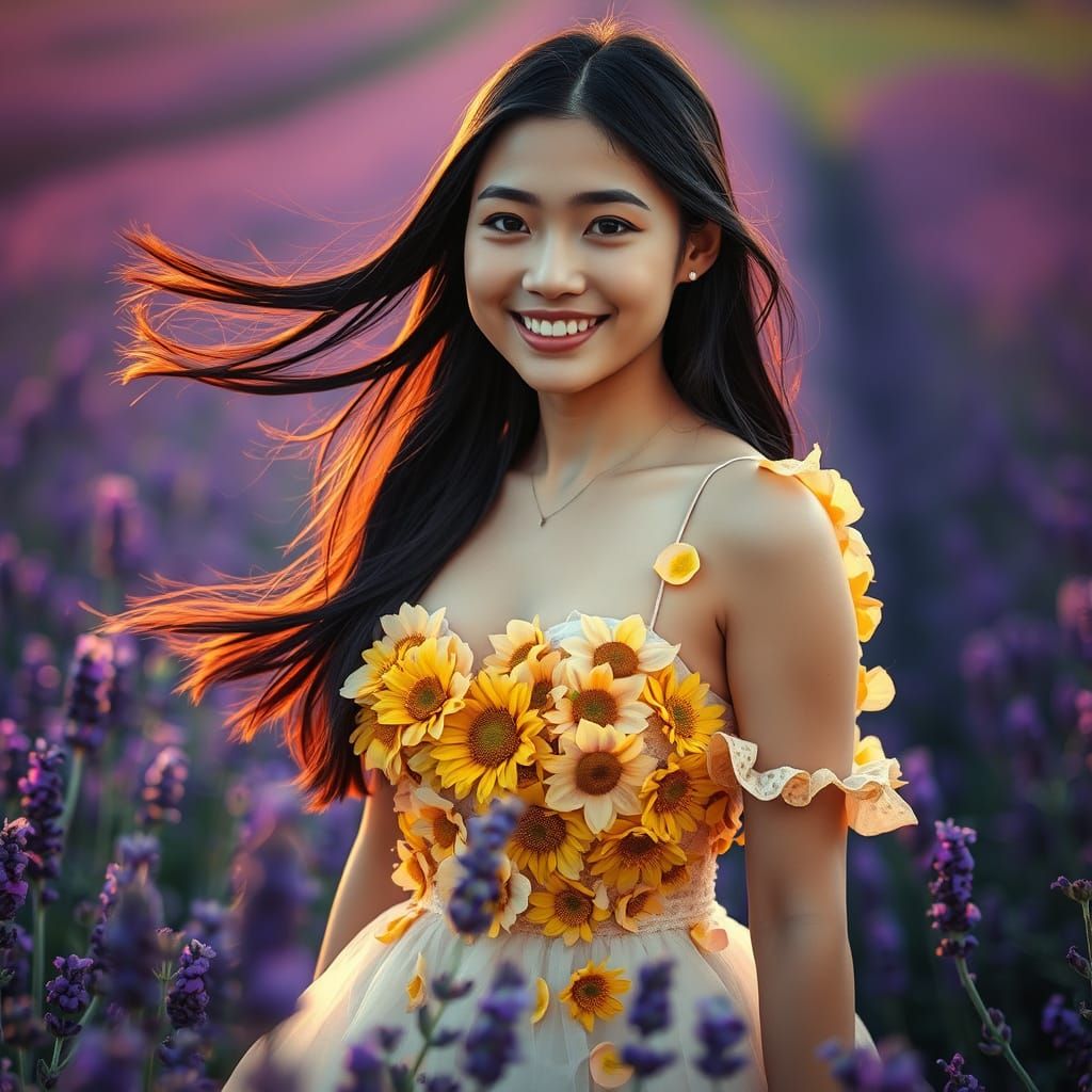 Hyperrealistic Japanese Woman in Lavender Field