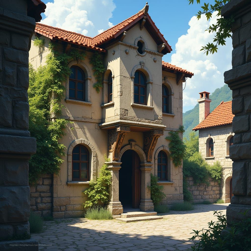 Medieval Stone Town Hall in Fantasy Art Style