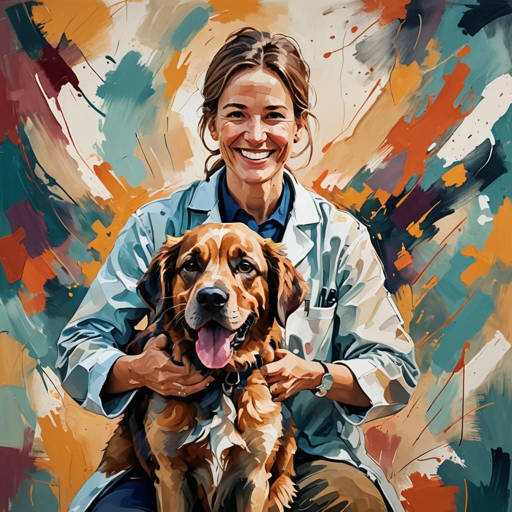 Veterinarian Holding Dog in Abstract Expressionism Style
