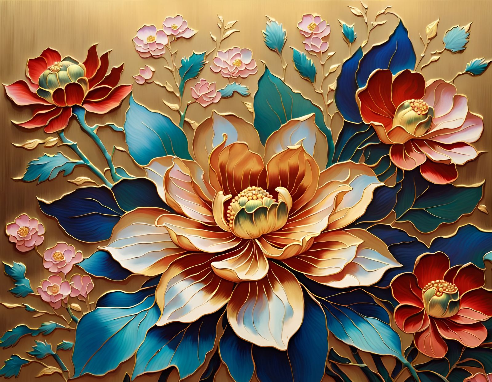 Golden Cloisonne Flowers in Precisionist Ukiyo-e Style