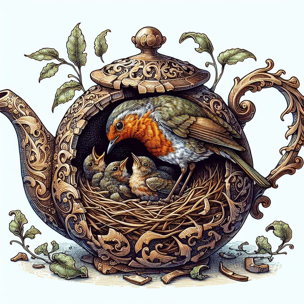 Robin Feeds Young in Teapot Nest, Filigree Illustration