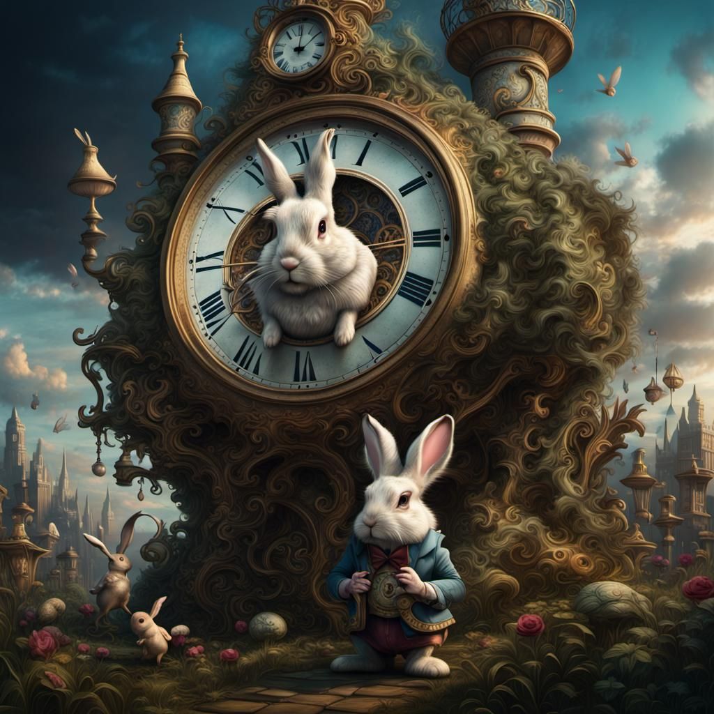 Alice in Wonderland with Clock and Rabbit