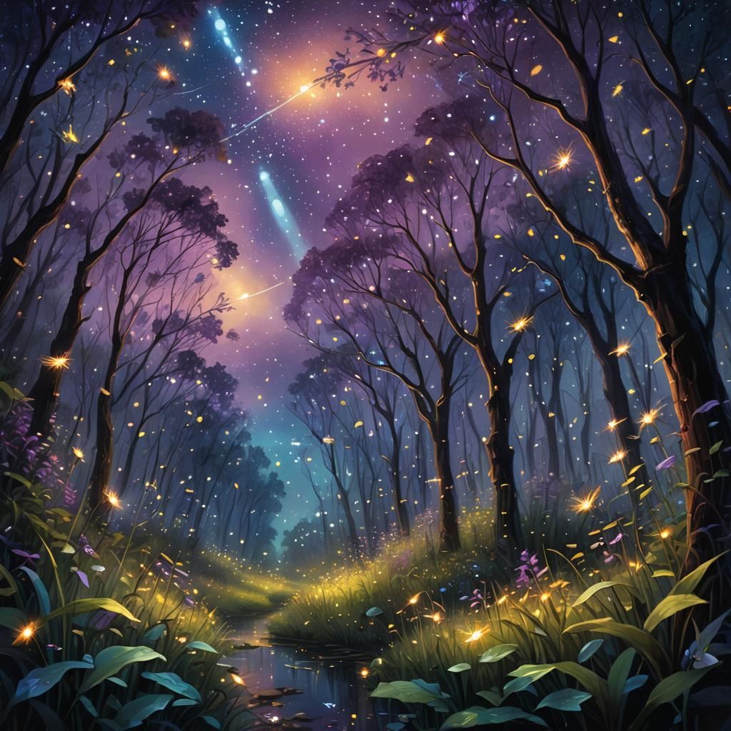 Dreamy Night Scene with Fireflies: Oil Painting