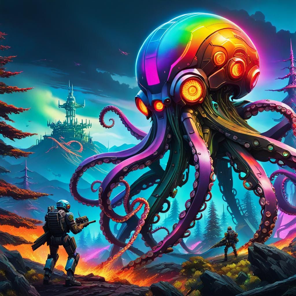 Octopus Mechs vs Skeleton Mechs in Cyberpunk Style