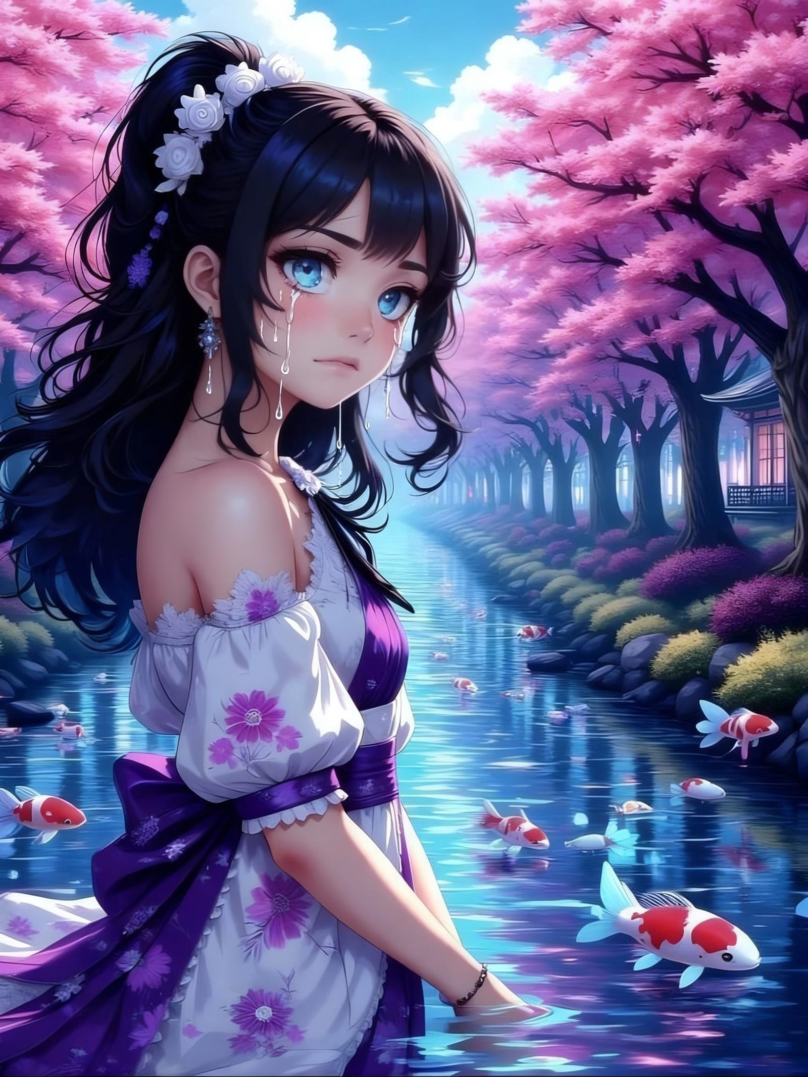 Anime Woman in Japanese Garden with Koi