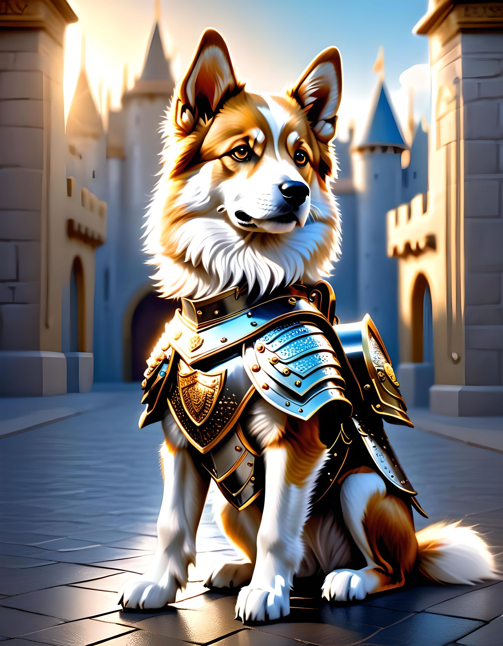 Armored Puppy Portrait in Hyperdetailed Fantasy Style