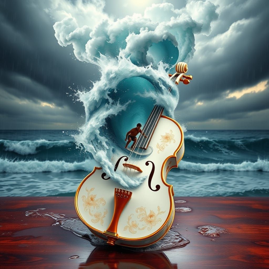 Surreal Victorian Cello Ocean Storm in Cyberpunk Aesthetic
