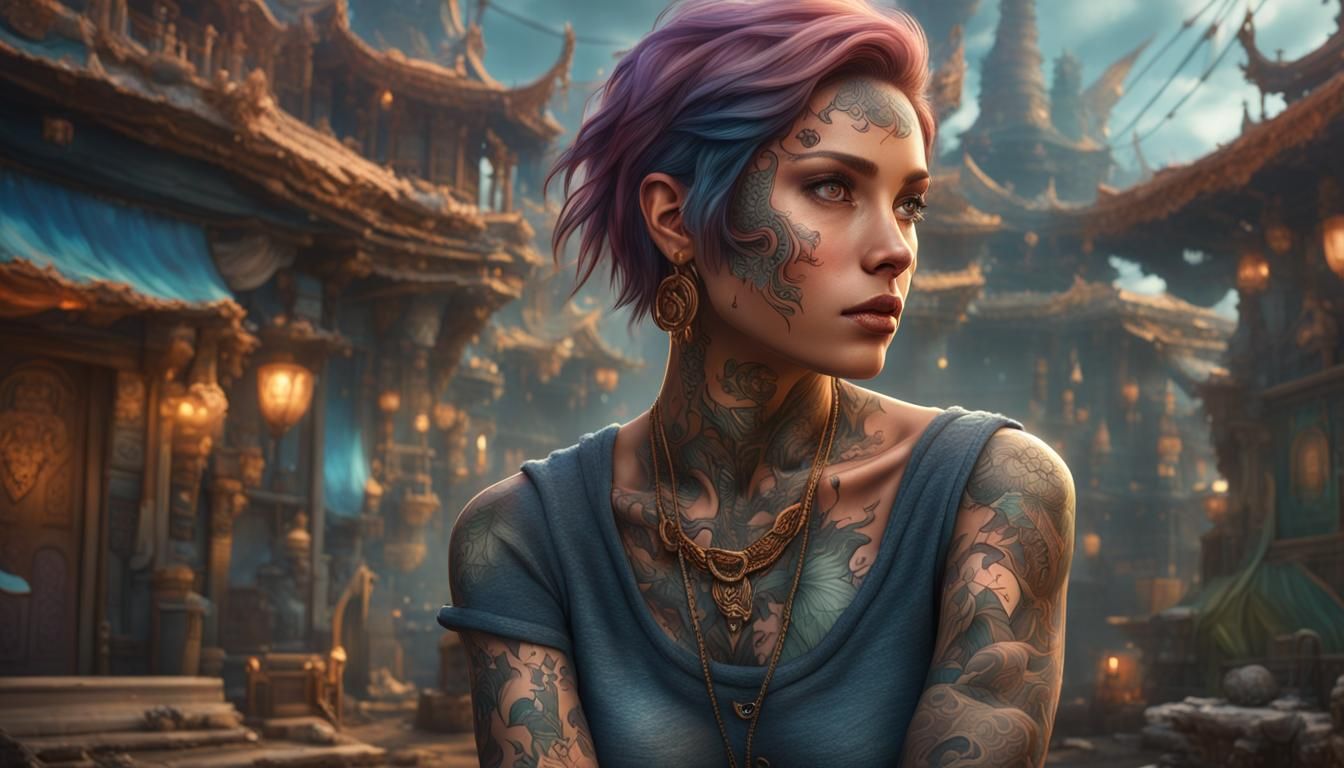 Tattooed Woman in Detailed Matte Painting