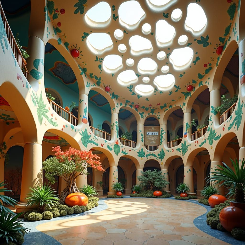 Majestic Hotel Interior with Vibrant Art Nouveau Mural