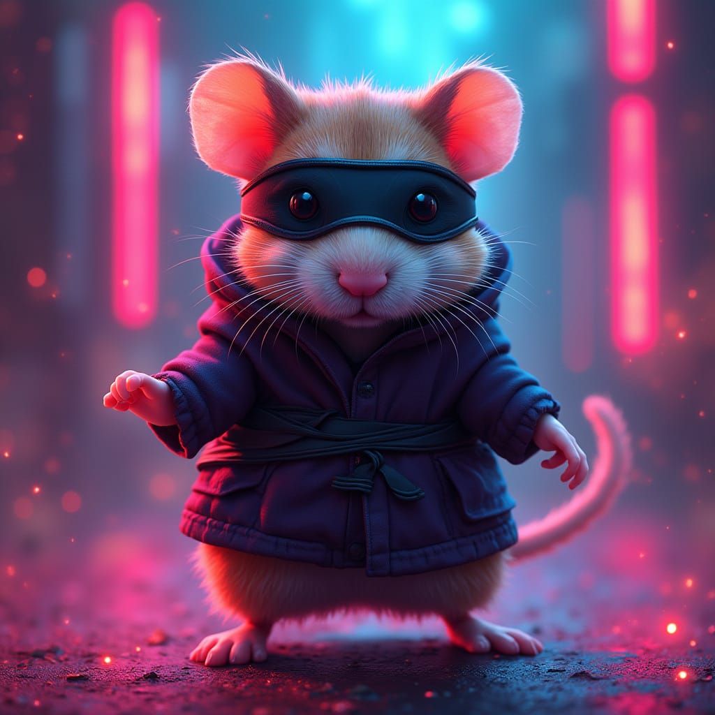 Mutant Ninja Hamster in Bioluminescent Cyberpunk Style