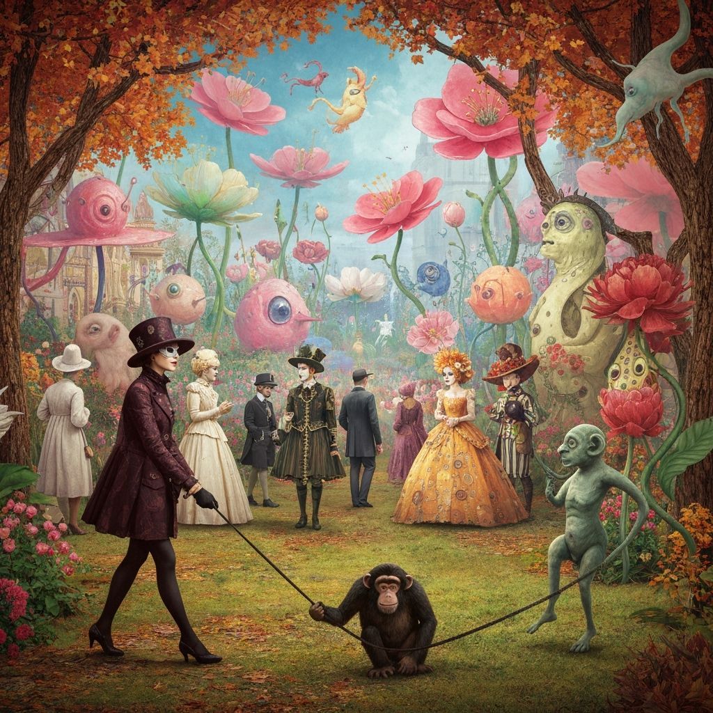 Surreal Garden Party and Chimp Walk, Dreamlike Collage