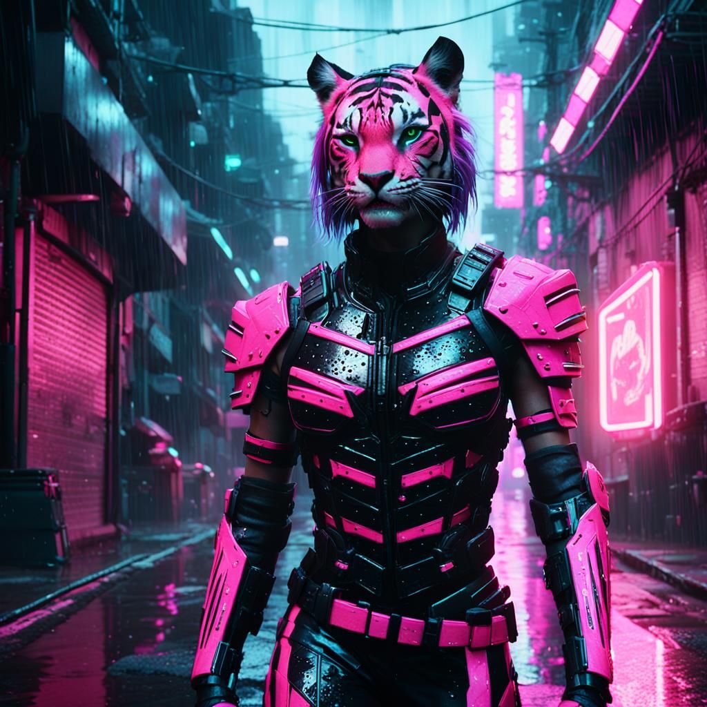 Cyberpunk Tigress Warrior in Neon Alleyway