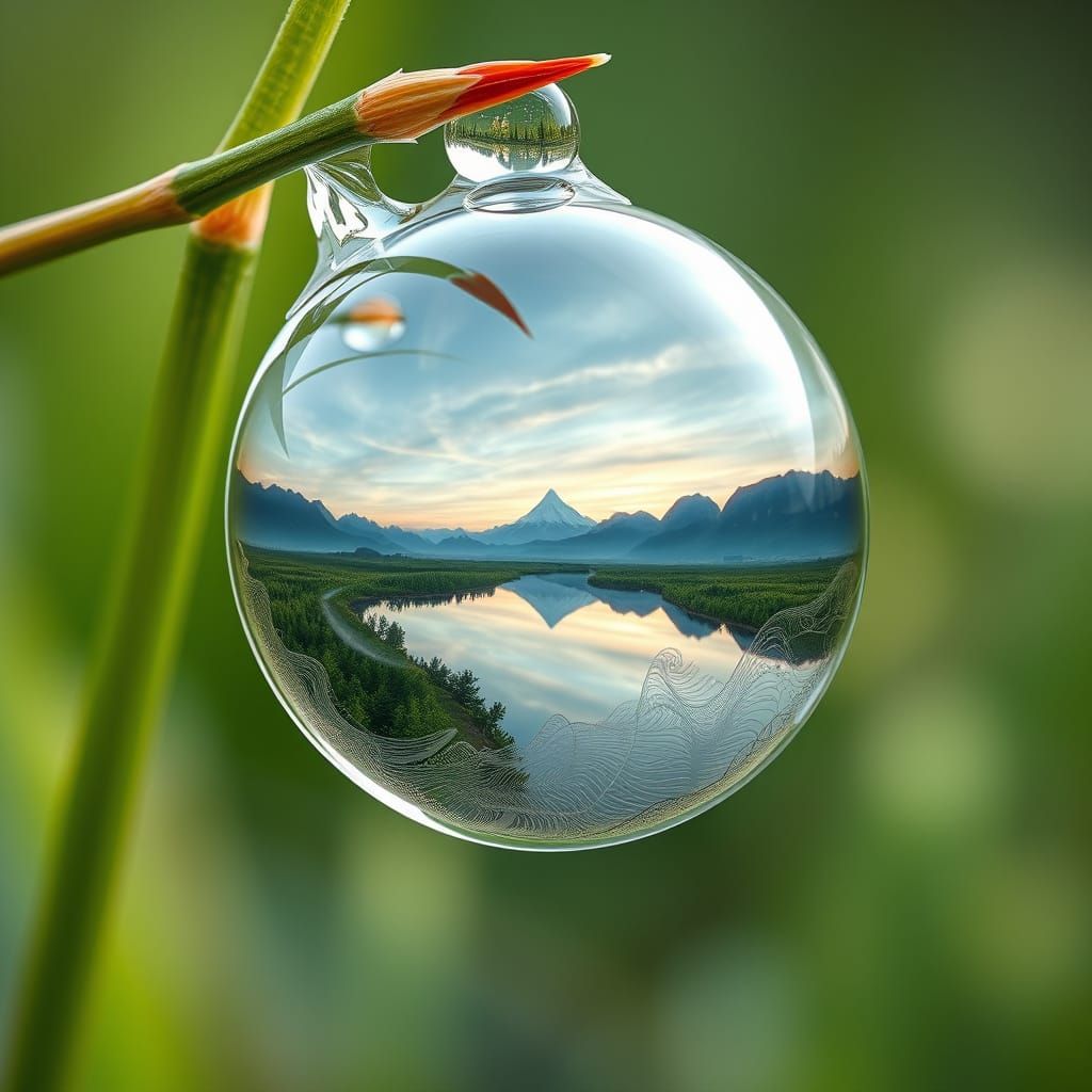 Surreal Landscape Reflected in Giant Dewdrop