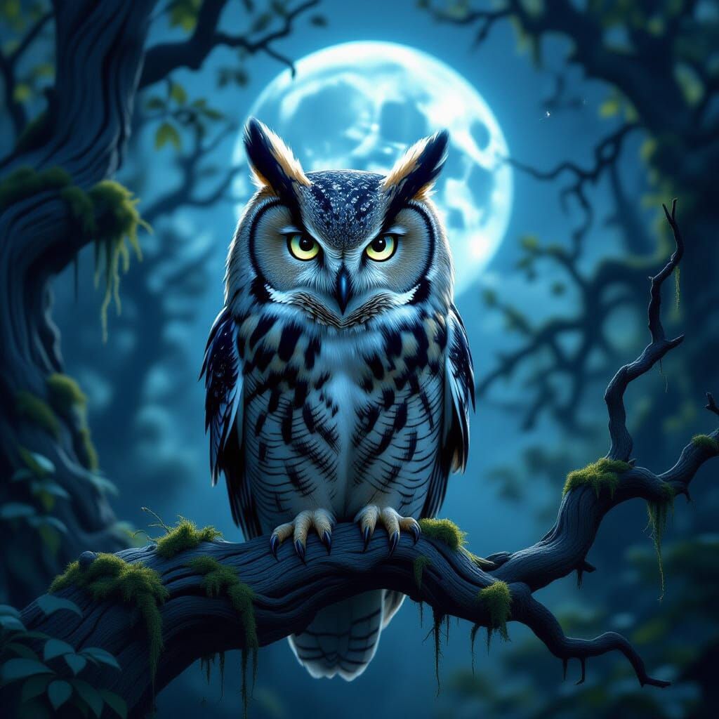 Majestic Owl in Enchanted Forest Moonlit Scene