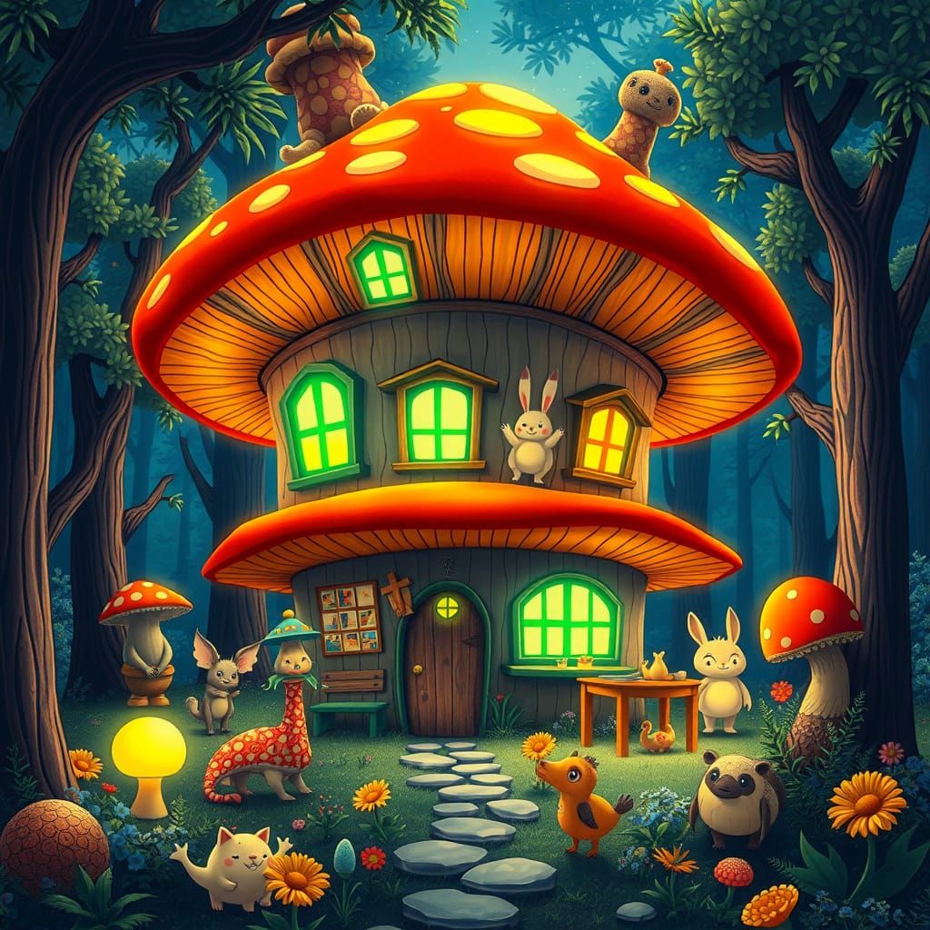 Whimsical Mushroom House in Vibrant Paradise Forest